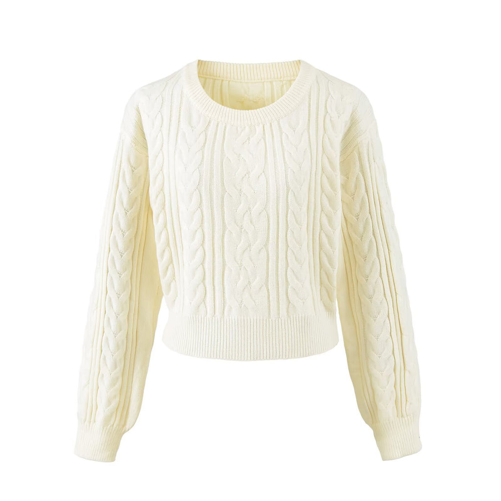 Cable Knit Long Sleeve Cropped Pullover Sweater for Women