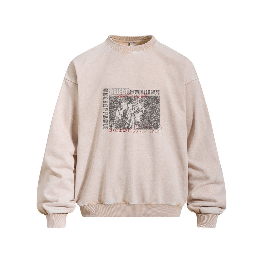 Rap Portrait Vintage Wash Long Sleeve Crew Neck Pullover Sweatshirt