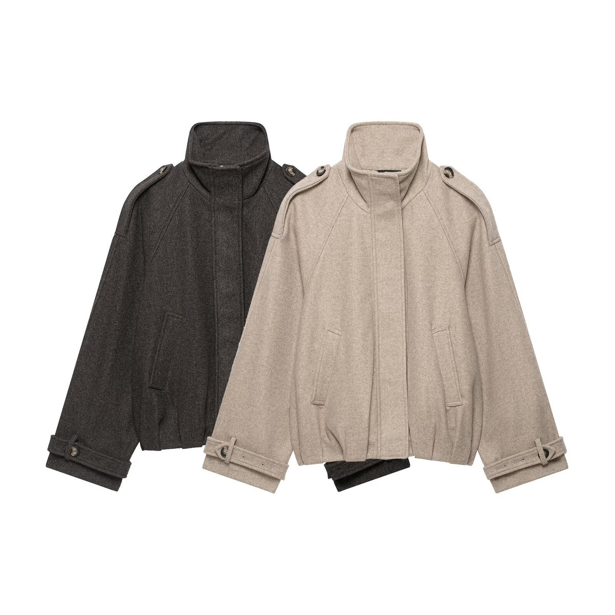 Loose long sleeved stand up collar tripe woolen jacket