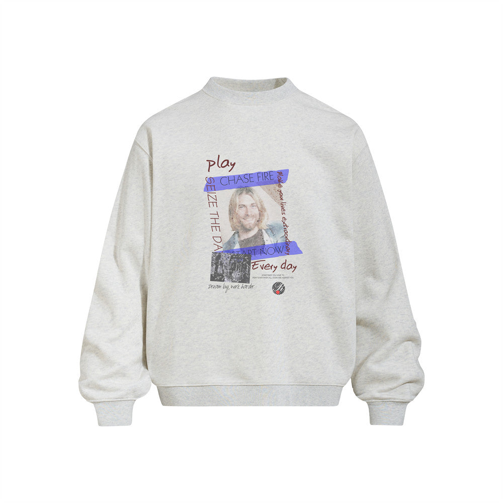 Men's Portrait Print Long Sleeve Crew Neck Oversized Heavyweight 420GSM Casual Streetwear Pullover Sweatshirt