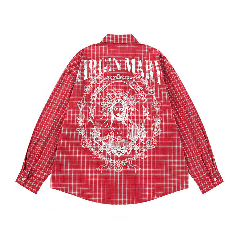 Men's  Hip-hop Portrait Plaid Long Sleeve Turn-down Collar Shirt