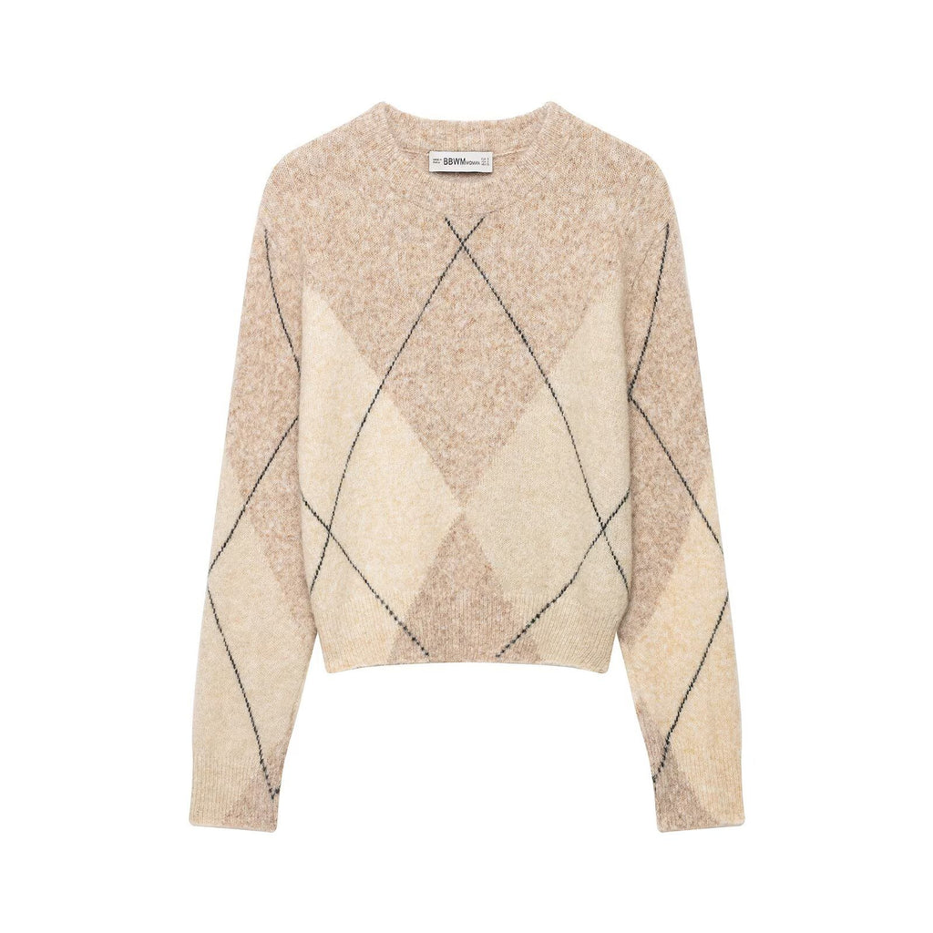 Diamond Quilted Pattern Pullover Short Sweater for Women