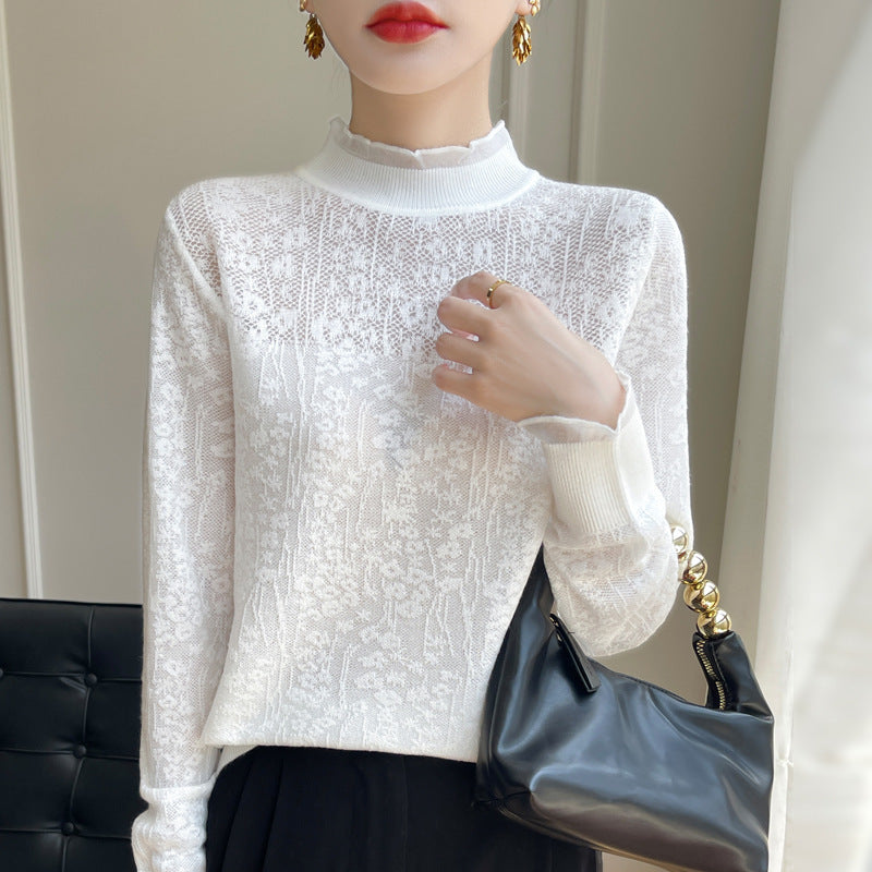 Women's Elegant Splicing Long Sleeve Organza Lace Trim Collar Thin Knit Top