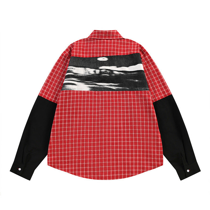 Men's Loose Hip Hop Style Color Block Irregular Plaid Long Sleeve Shirt