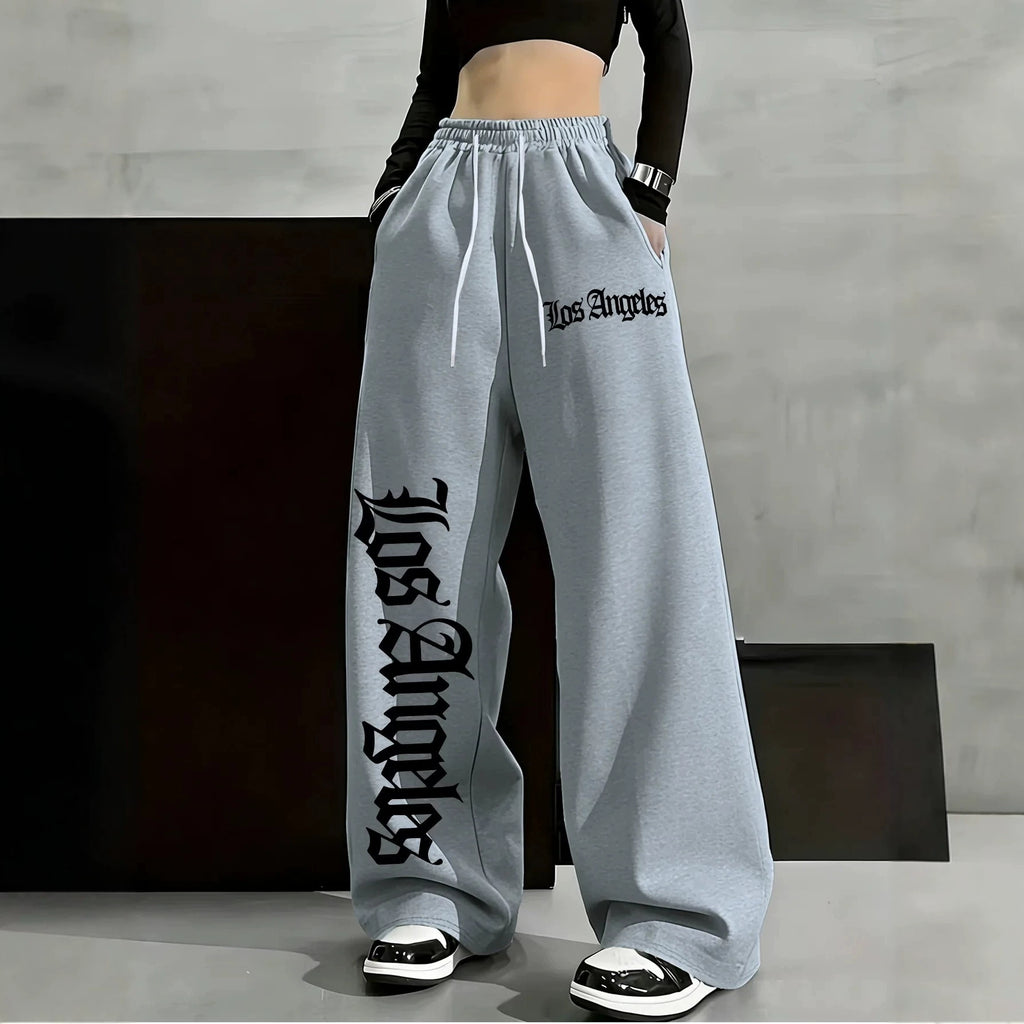 Women's Casual Gothic Letter Print Lightweight High Waist Adjustable Drawstring Wide Leg Pants