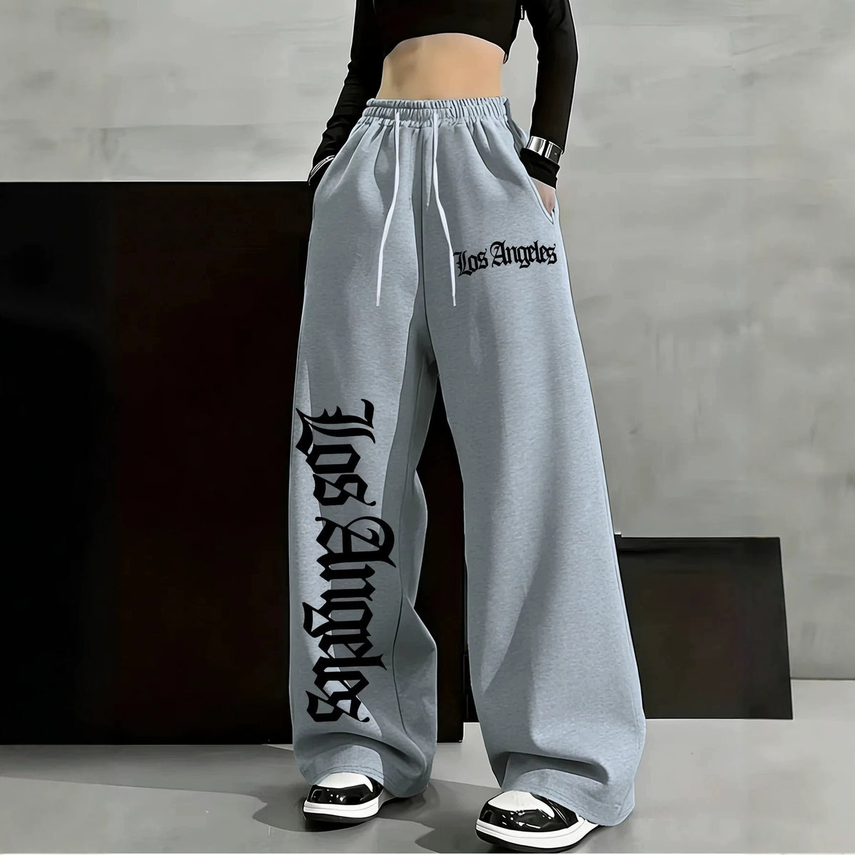 Women's Casual Gothic Letter Print Lightweight High Waist Adjustable Drawstring Wide Leg Pants