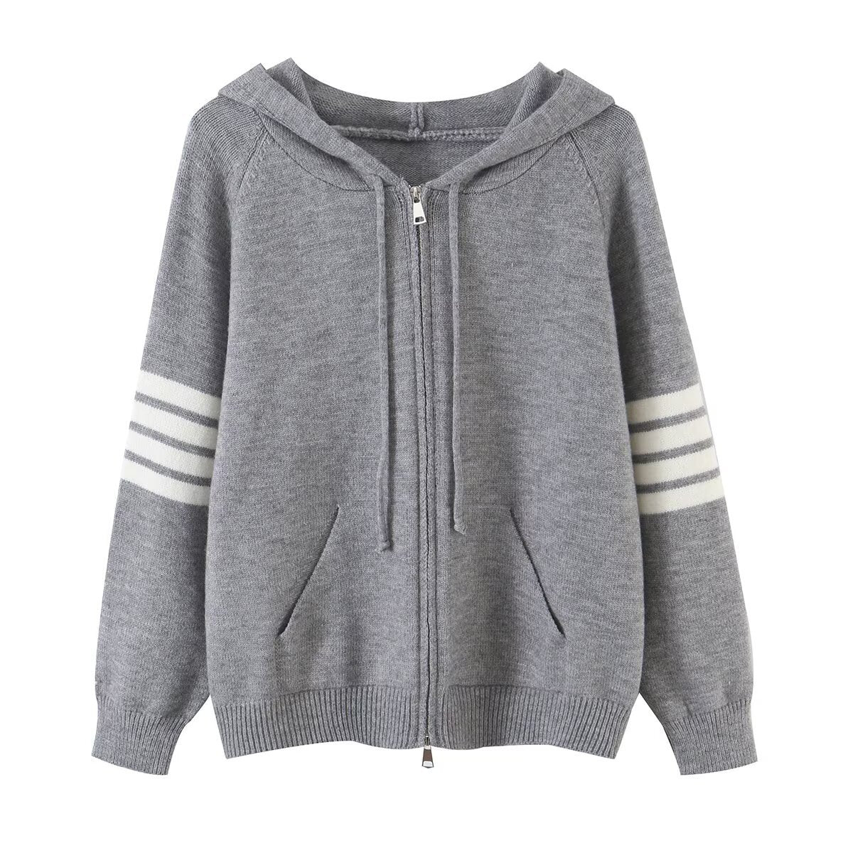 Hooded knitted sweater cardigan versatile casual contrasting striped loose jacket
