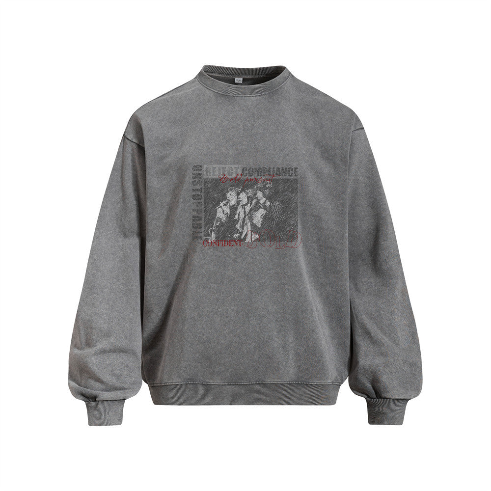 Rap Portrait Vintage Wash Long Sleeve Crew Neck Pullover Sweatshirt