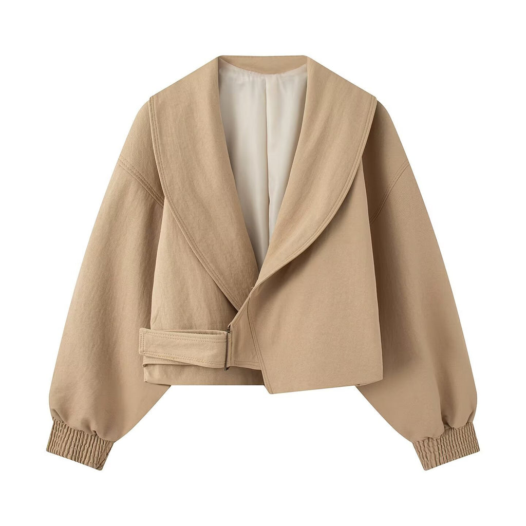 Metal buckle long sleeved lapel short jacket