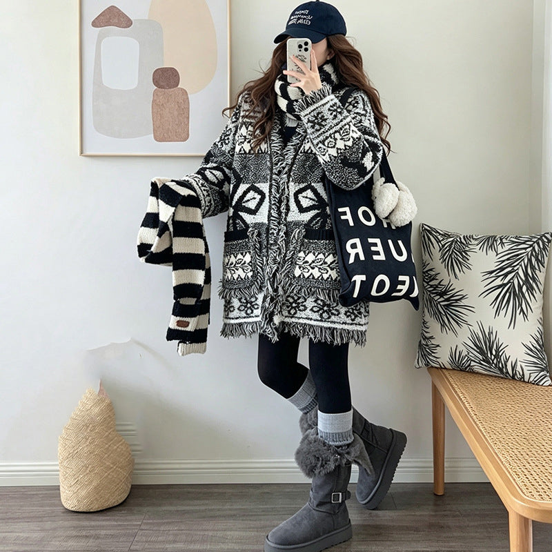Tassel jacquard cardigan sweater