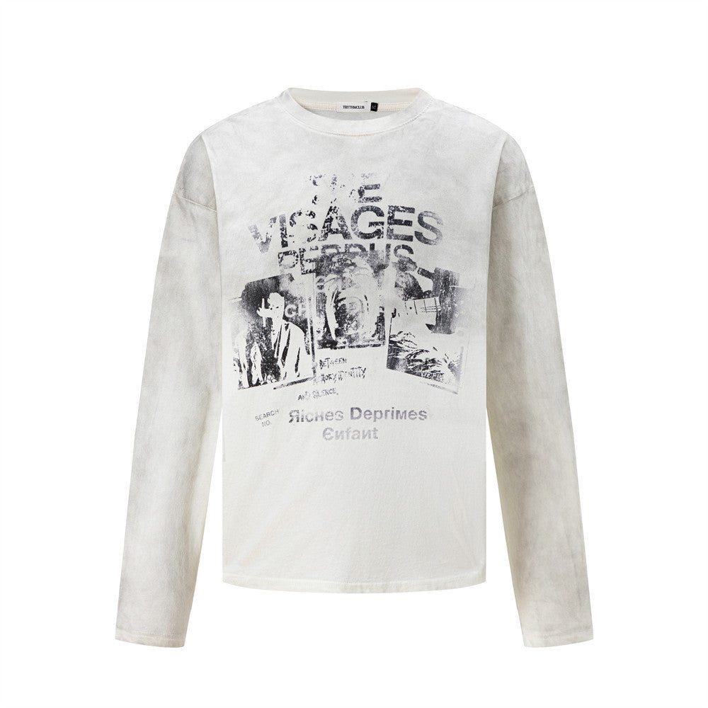 Retro Distressed Character Print Long Sleeve Round Neck T-Shirt