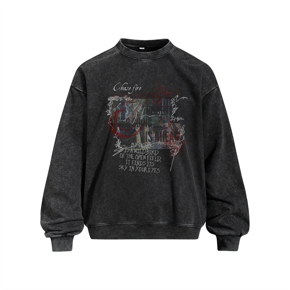 Men's Vintage Washed Graffiti Letter Print Crewneck Sweatshirt Casual Street Style Pullover