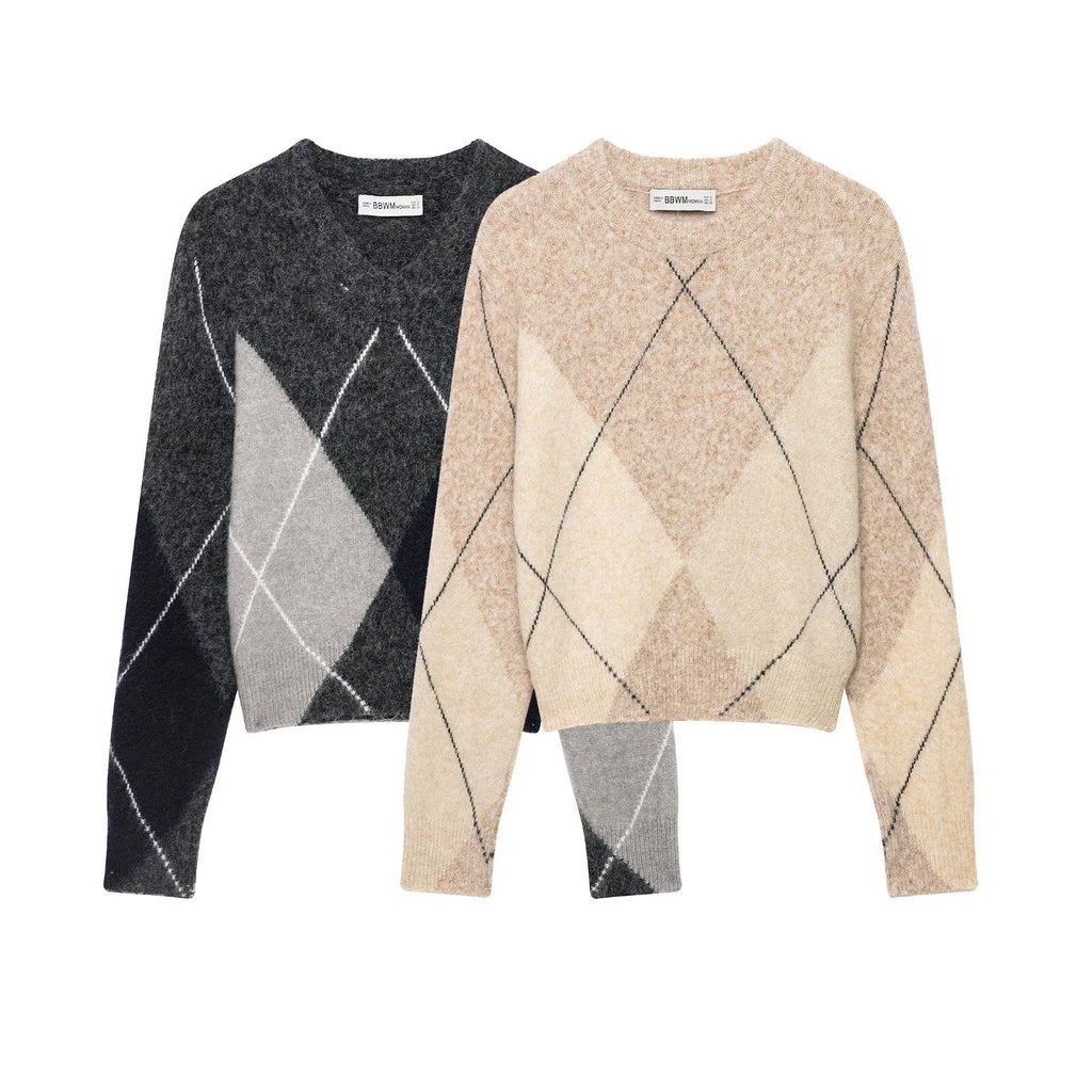 Diamond Quilted Pattern Pullover Short Sweater for Women