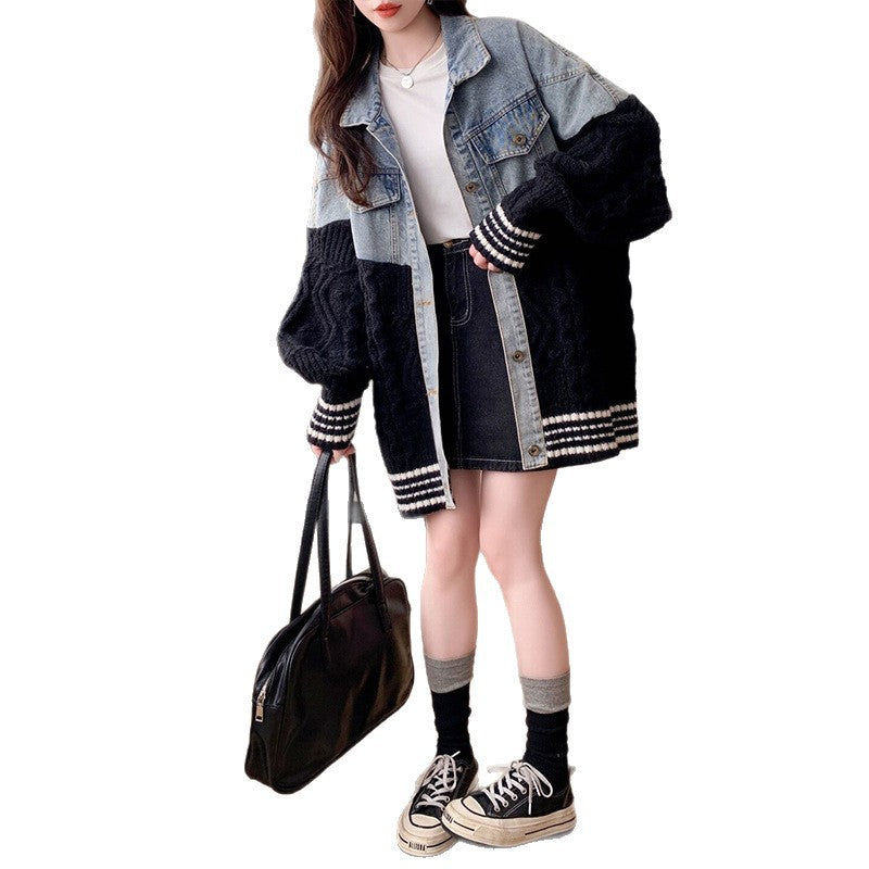 Loose denim patchwork sweater