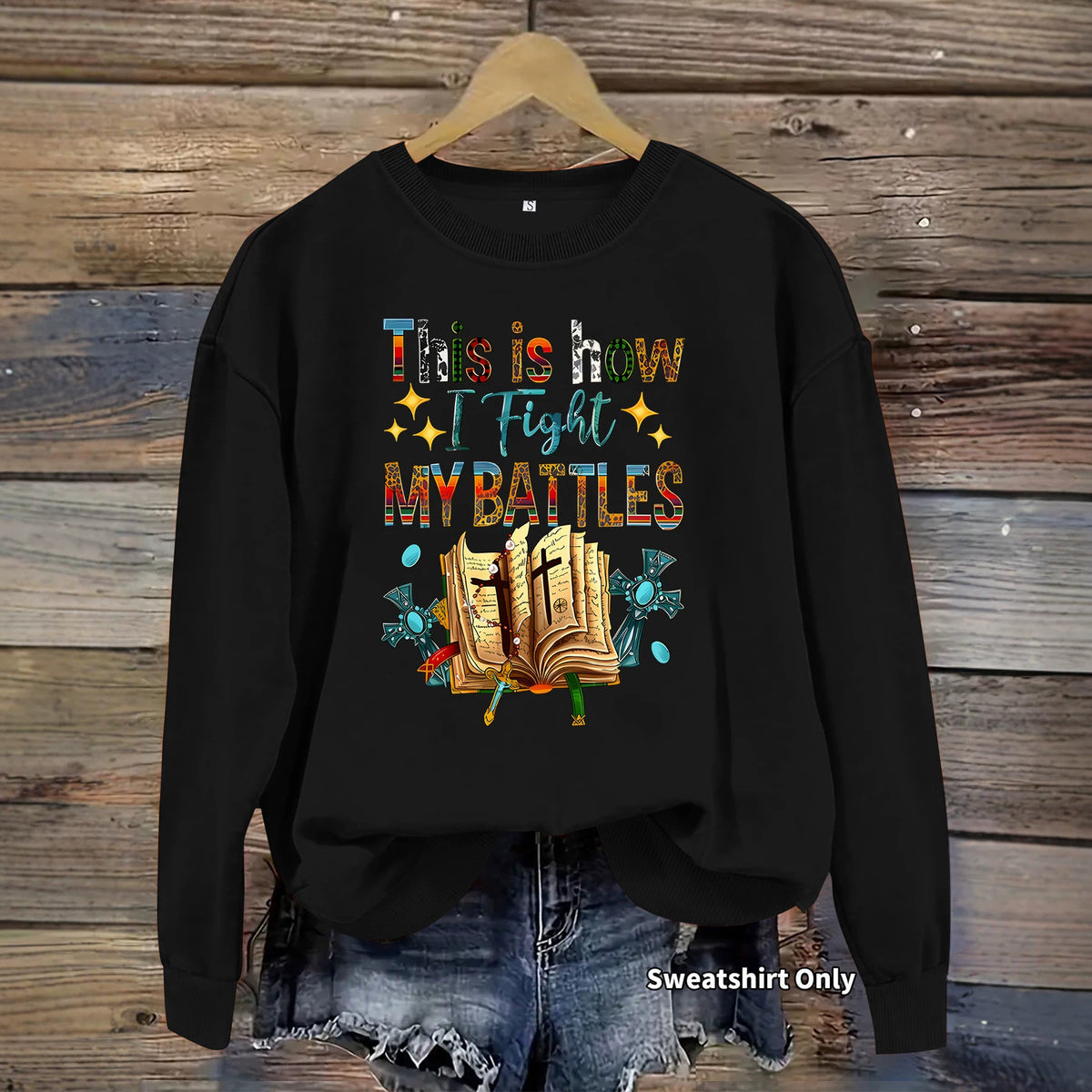Letter pattern printed round neck fleece hoodie