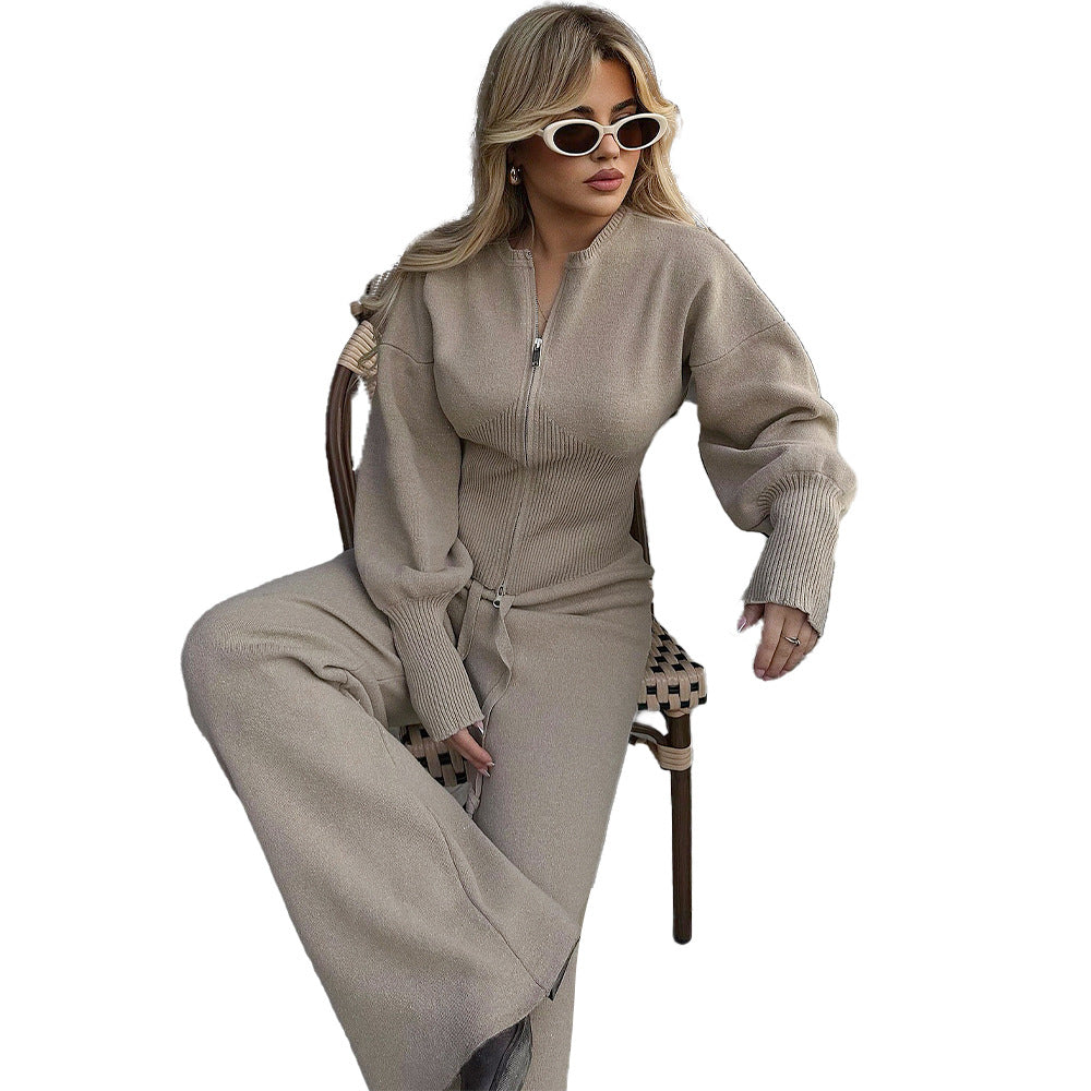 Knit Zipper Front Top &amp; High Waist Wide Leg Pants Two Piece Set