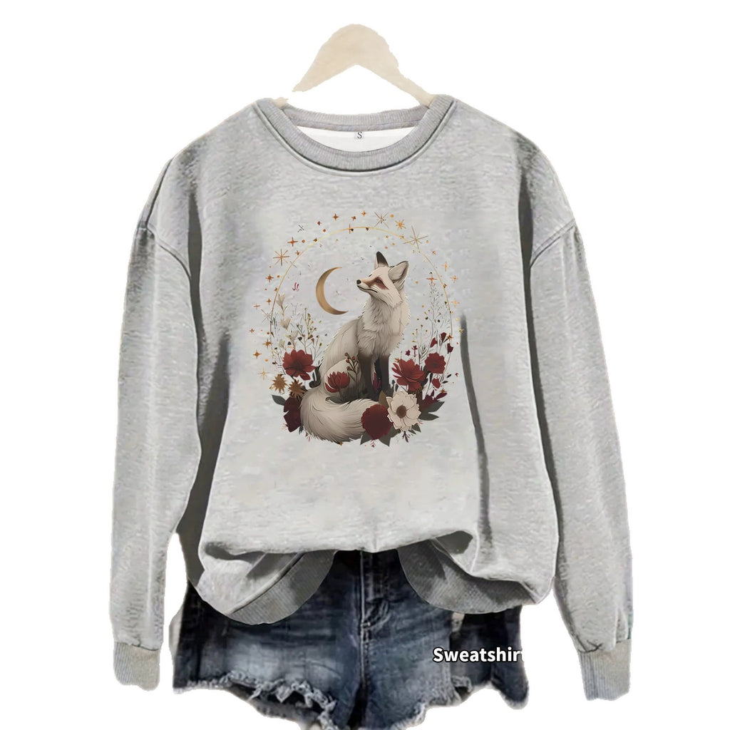 White fox print base long sleeved fleece sweatshirt