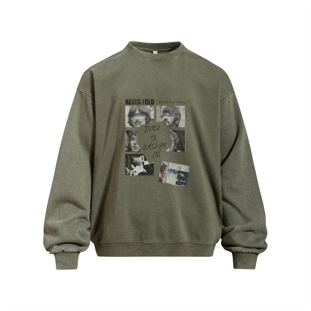 Creative Portrait Print Long Sleeve Crew Neck Washed Vintage Men's Pullover Sweatshirt
