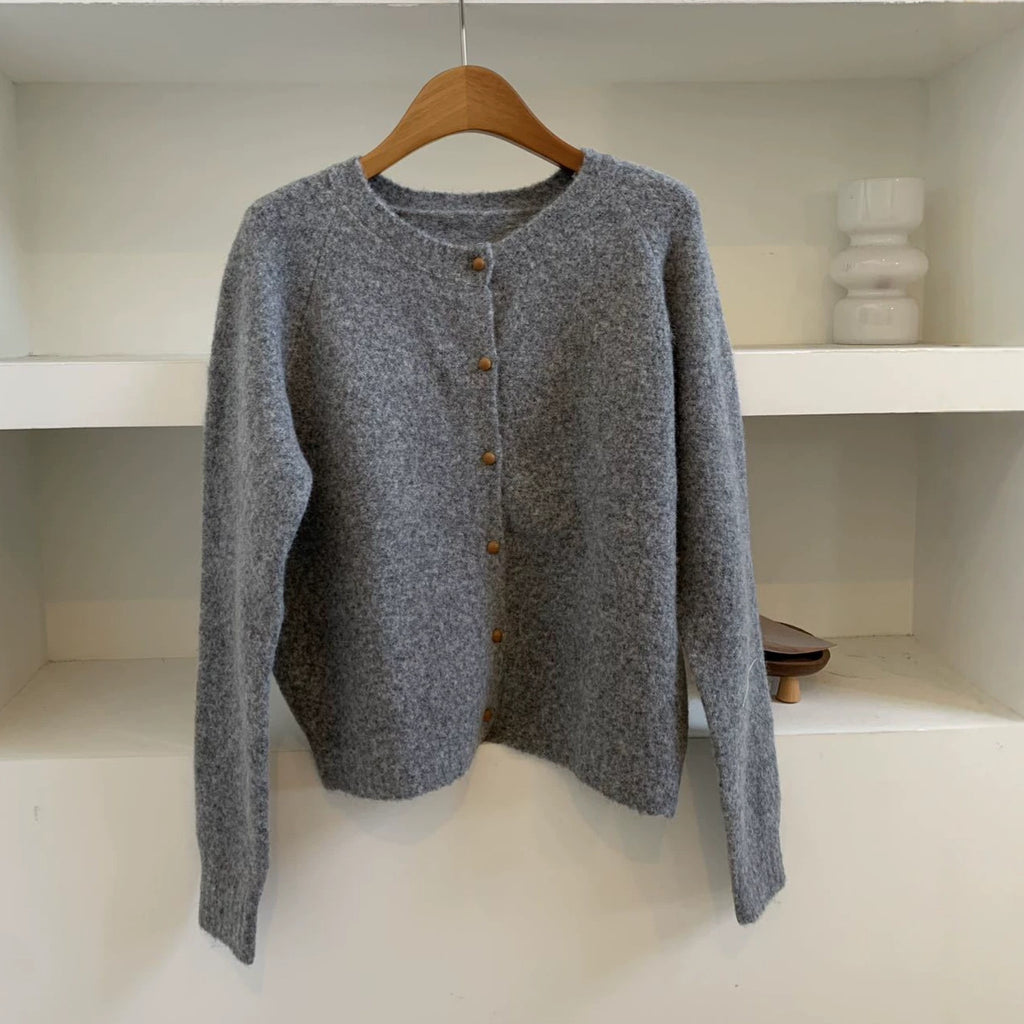 Relaxed Fit Wool Cardigan, Single-Breasted Round Neck Loose Knit Jacket