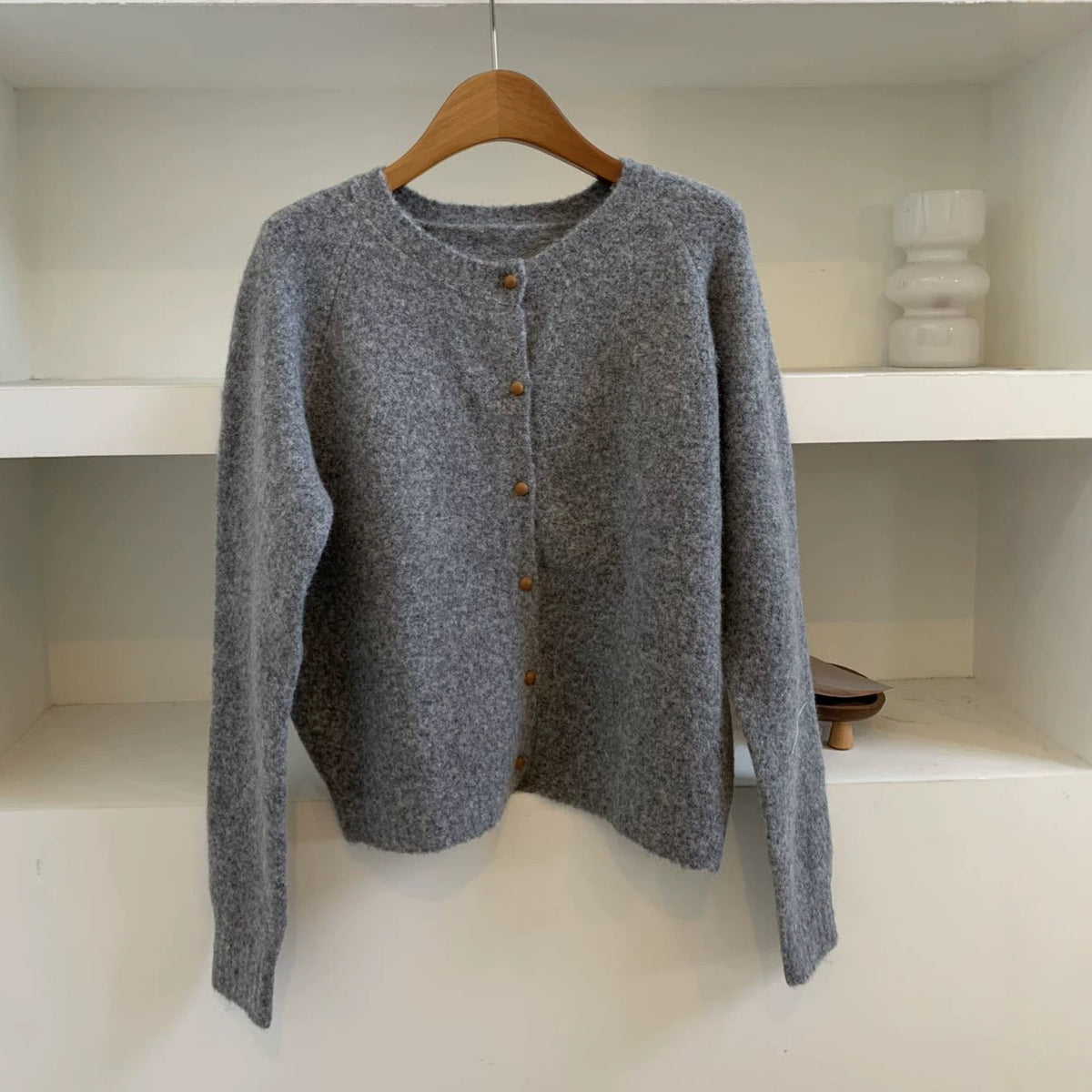 Relaxed Fit Wool Cardigan, Single-Breasted Round Neck Loose Knit Jacket