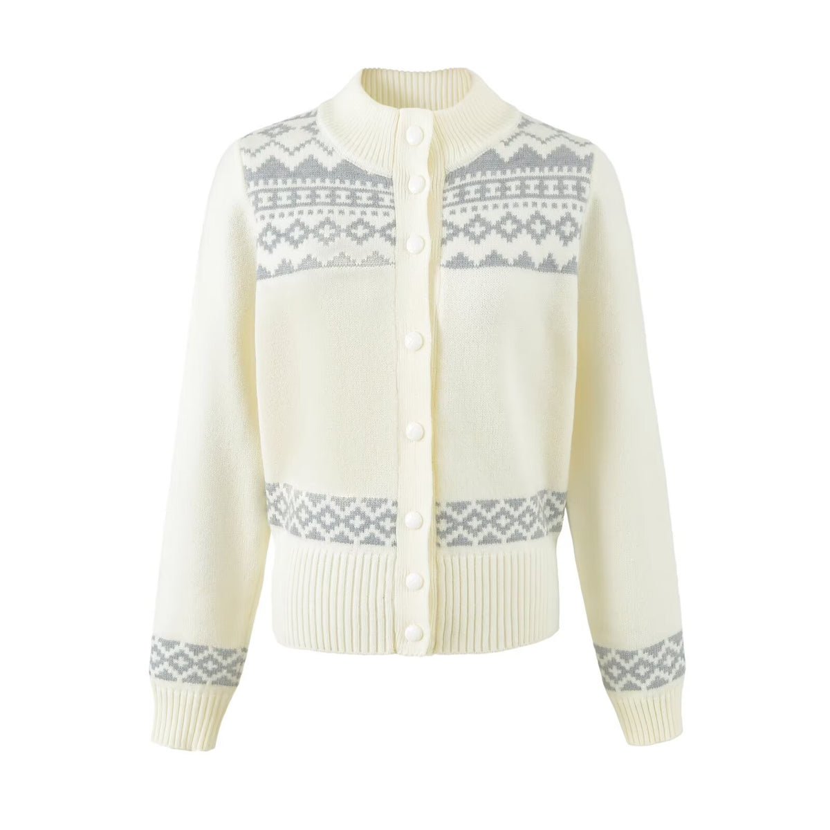 Slim Fit Cropped Fair Isle Pattern Long Sleeve Mock Neck Knit Cardigan