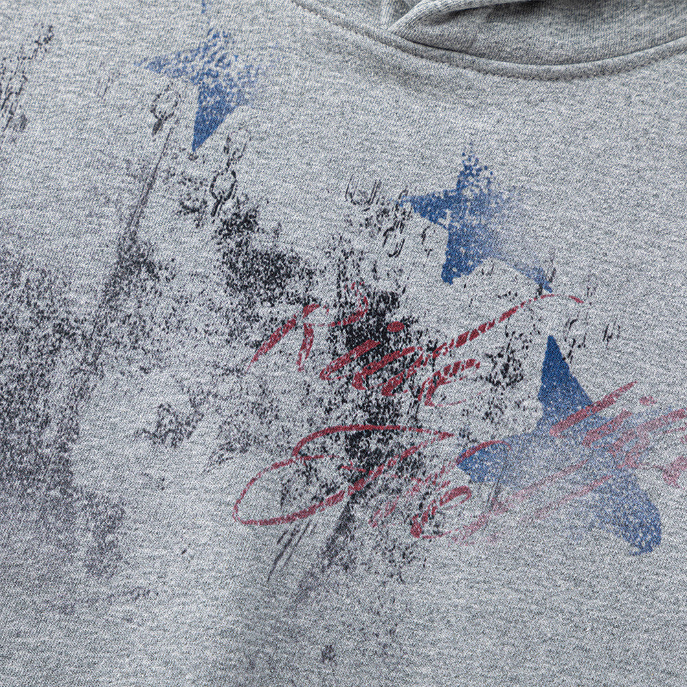 Men's Casual Punk Star Graffiti Print Distressed Oversized Long Sleeve Hooded Pullover Sweatshirt
