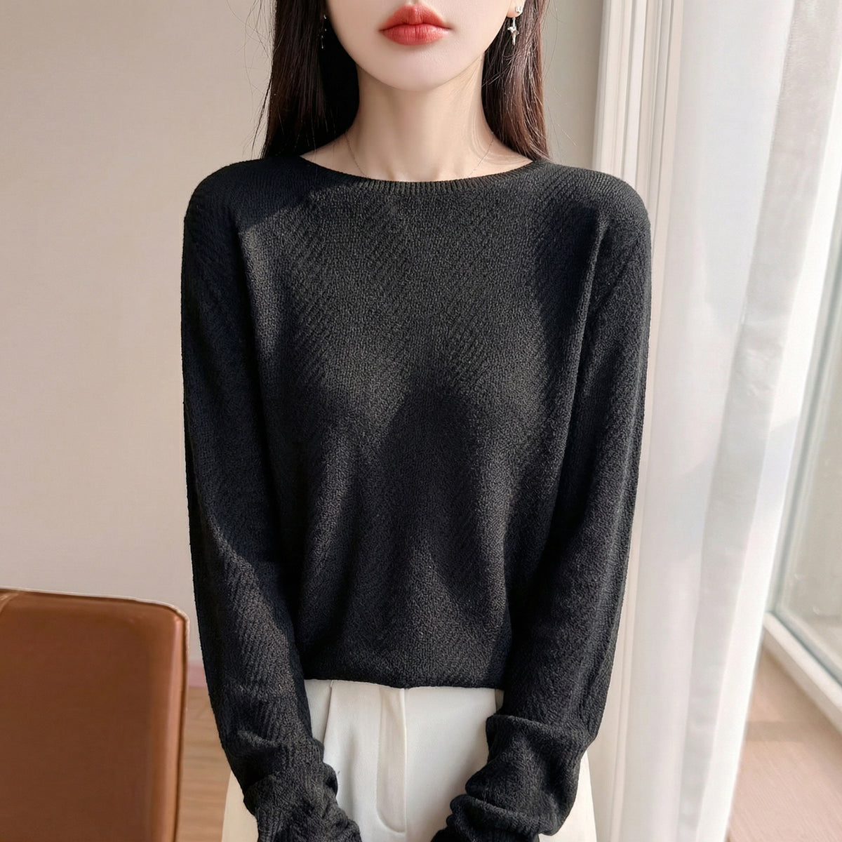 Women's Casual Blend Knit Long Sleeve Round Neck Top