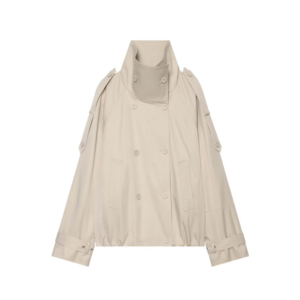 Simple casual long sleeved double breasted short windbreaker jacket
