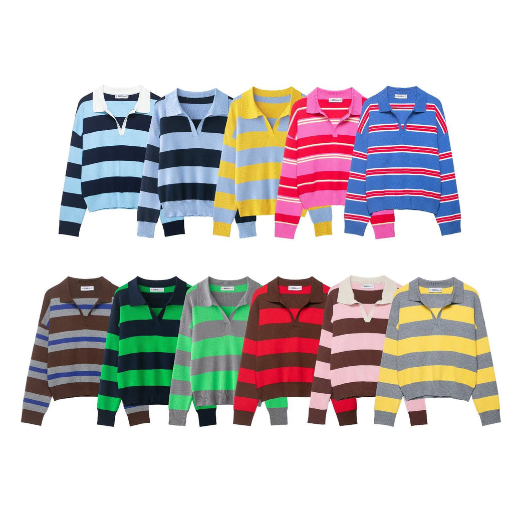 Elegant Contrast Stripe Knit Cardigan Women's Top with Lapel Collar Slimming Fit