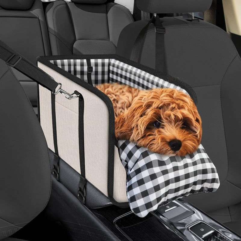 Car Mounted Pet Car Seat – Portable Small Dog Grid Seat with Soft Cushion & Seat Belt, Dog Car Accessories