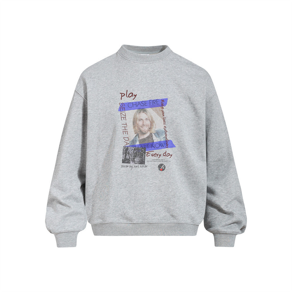 Men's Portrait Print Long Sleeve Crew Neck Oversized Heavyweight 420GSM Casual Streetwear Pullover Sweatshirt