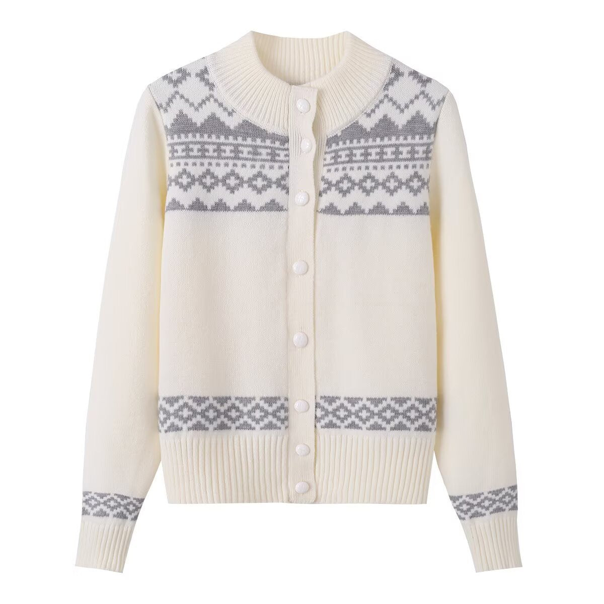 Slim Fit Cropped Fair Isle Pattern Long Sleeve Mock Neck Knit Cardigan