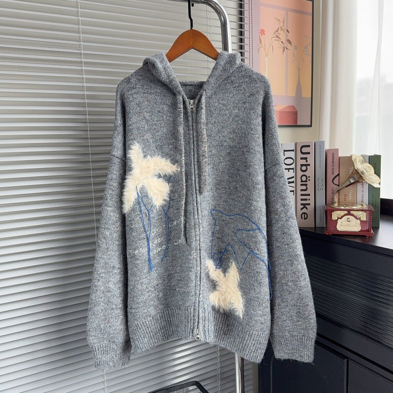 Hooded Jacquard Embroidered Sweater