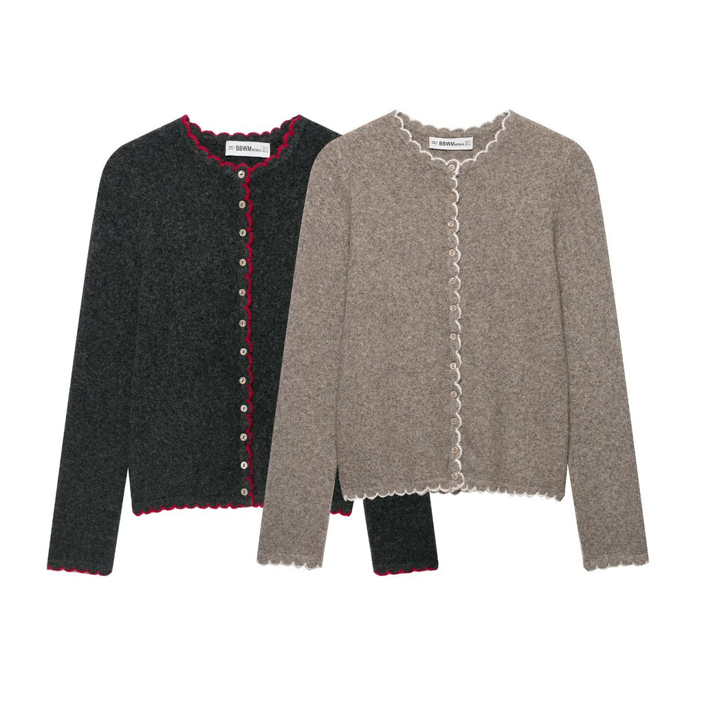 Long Sleeve Knit Cardigan Jacket with Lace Trim and Button Closure