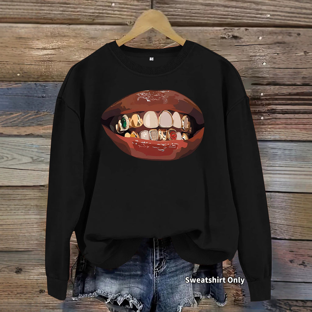 Black lip print loose women's fleece sweatshirt