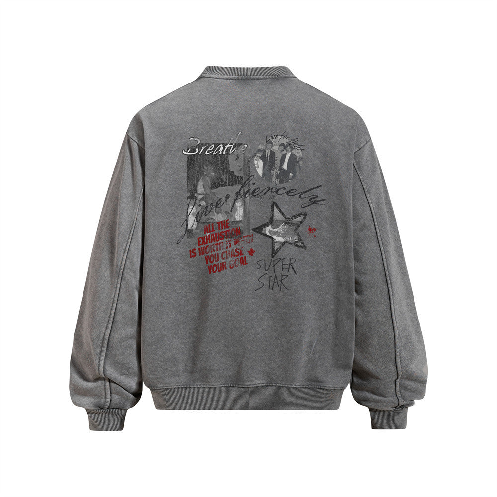 Vintage  Washed Distressed Portrait Print Long Sleeve Crew Neck Men's Casual Sweatshirt