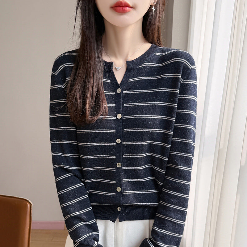 Women's Long Sleeve V-Neck Knit Cardigan Color Block Stripe Polka Dot Loose Fit Sweater Top