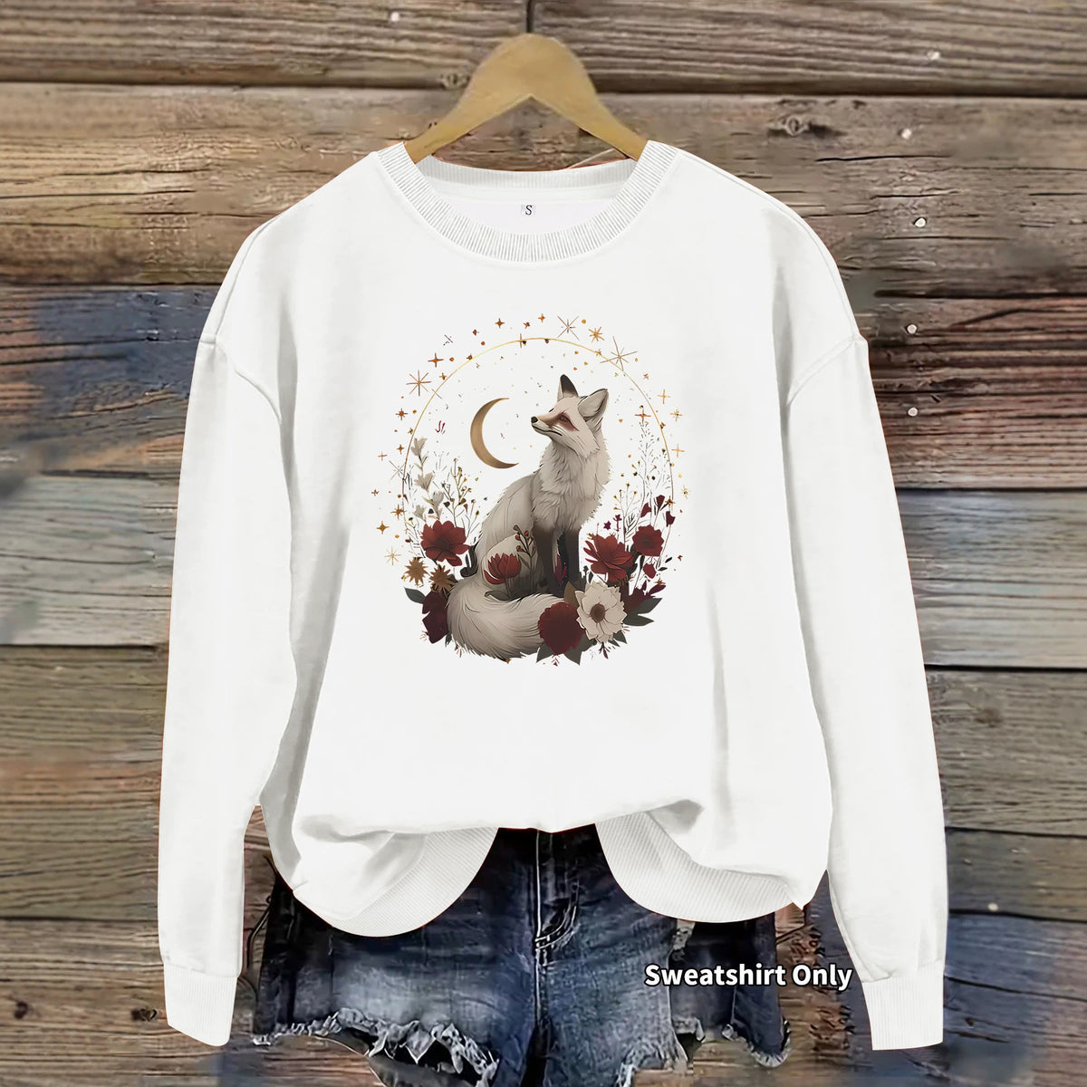 White fox print base long sleeved fleece sweatshirt