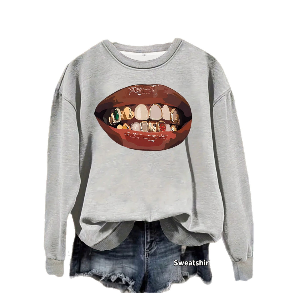Black lip print loose women's fleece sweatshirt