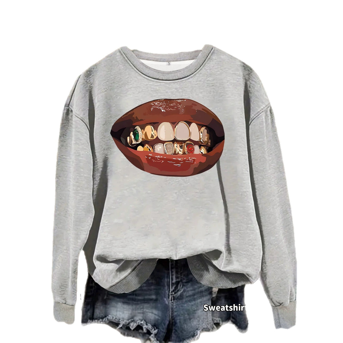 Black lip print loose women's fleece sweatshirt
