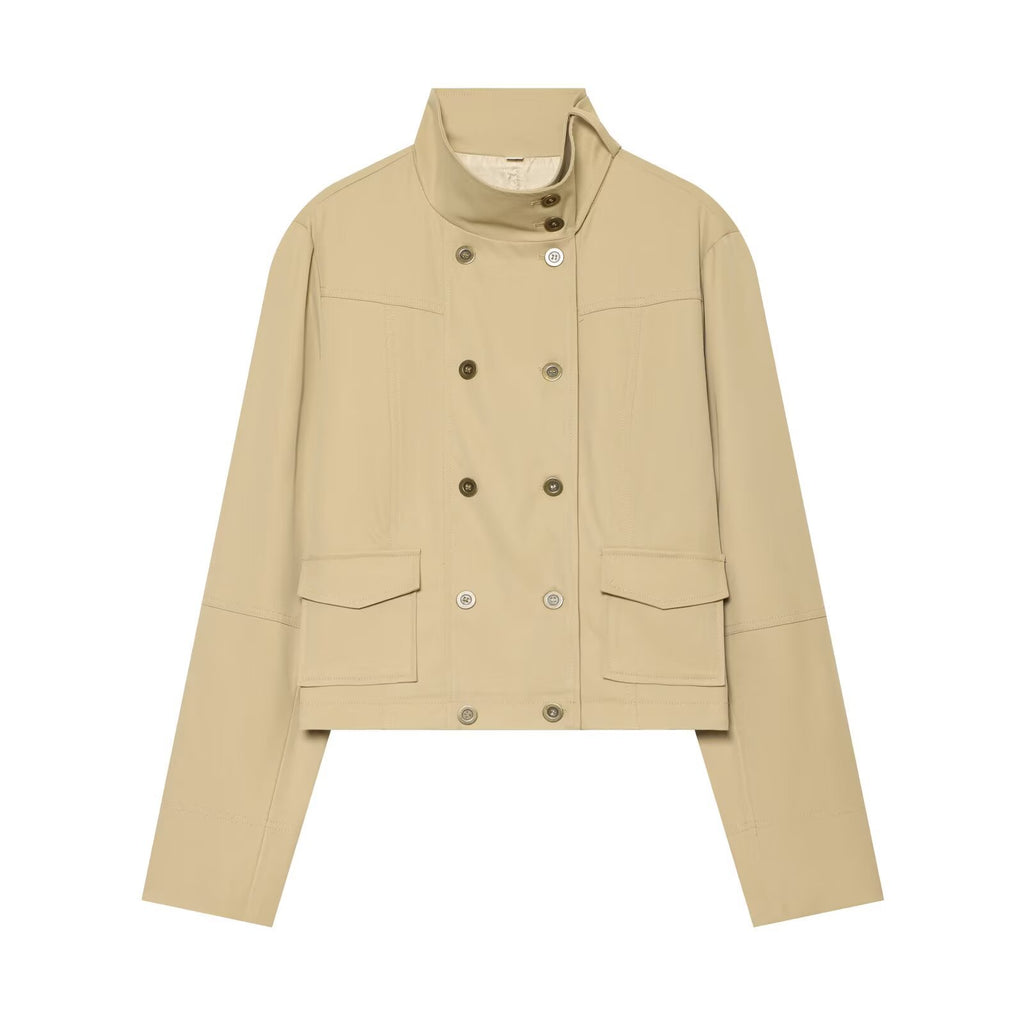 Casual double breasted long sleeved stand up collar pocket embellished jacket