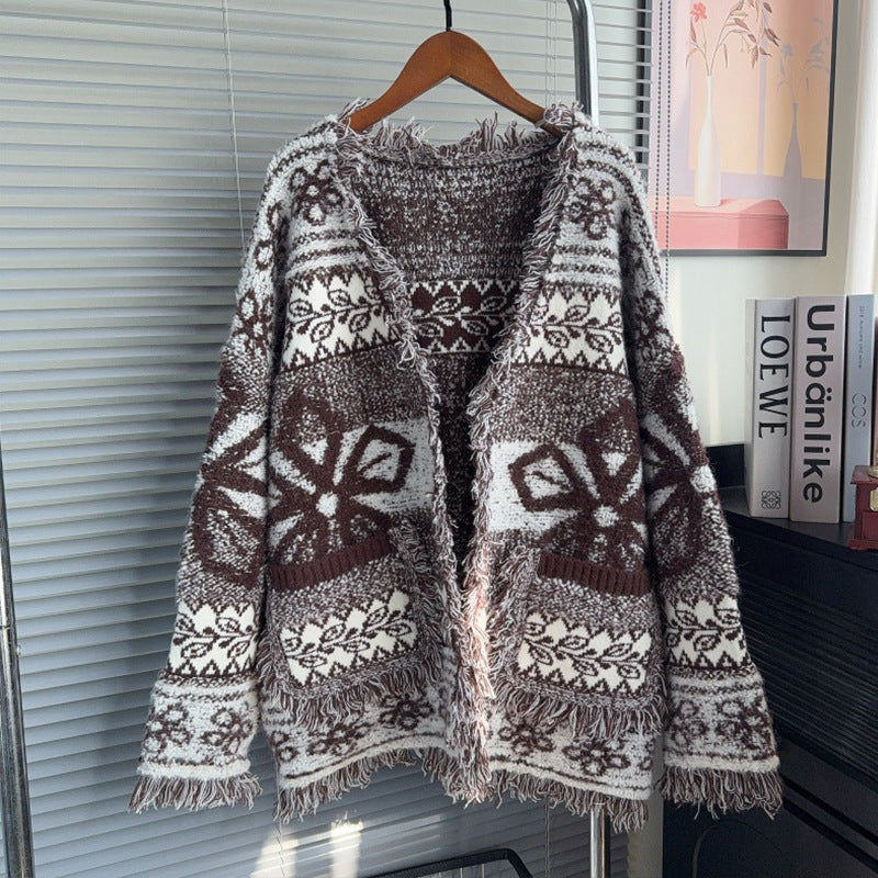 Tassel jacquard cardigan sweater