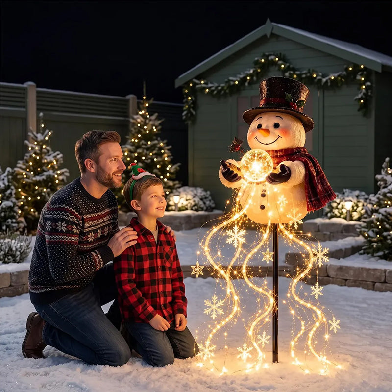 Christmas Magic Snowman LED Garden Light – Floating Snow, Magic Fountain Star Waterfall, Patio Ambiance Light