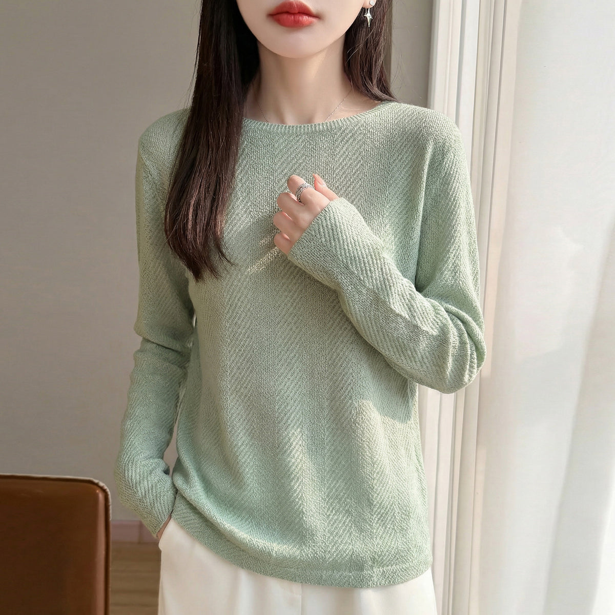 Women's Casual Blend Knit Long Sleeve Round Neck Top