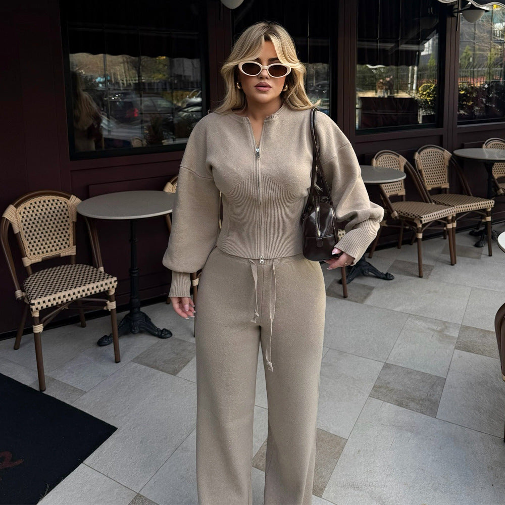 Knit Zipper Front Top &amp; High Waist Wide Leg Pants Two Piece Set