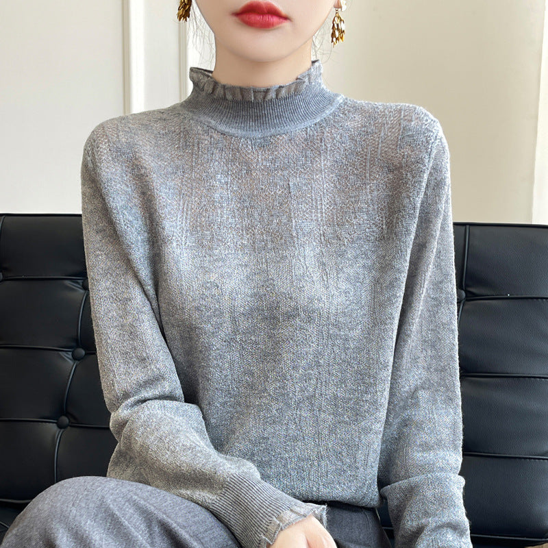 Women's Elegant Splicing Long Sleeve Organza Lace Trim Collar Thin Knit Top