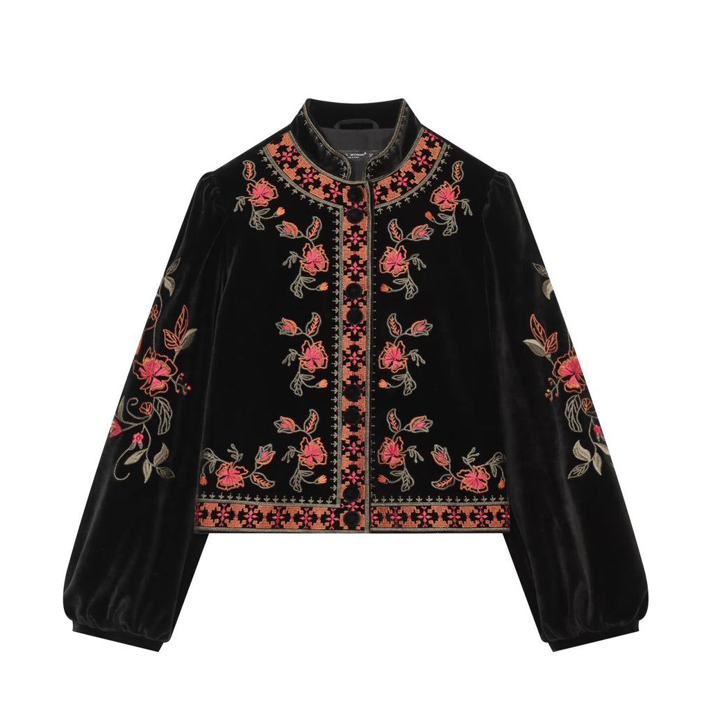 Casual style long sleeved stand up collar embroidered jacket
