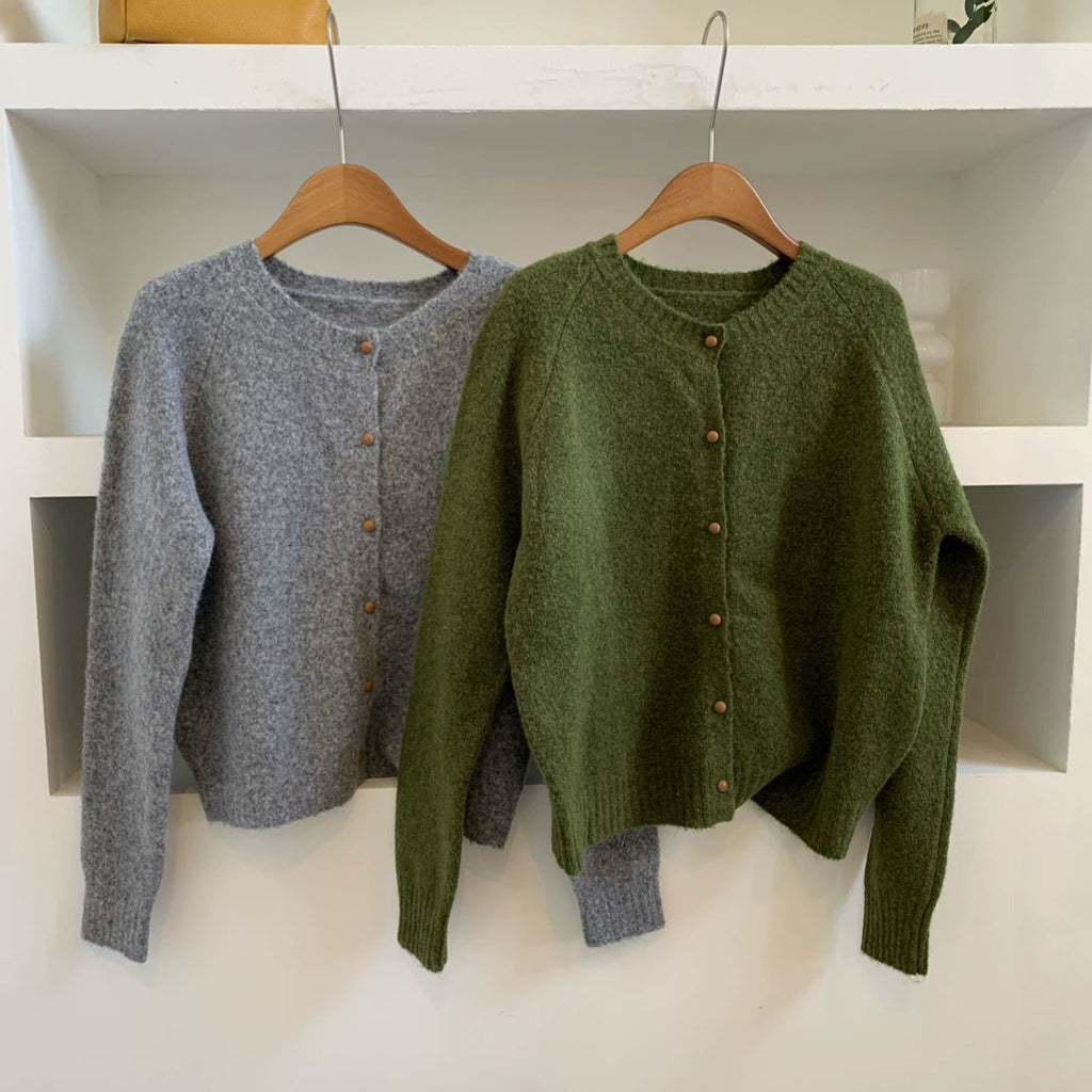 Relaxed Fit Wool Cardigan, Single-Breasted Round Neck Loose Knit Jacket