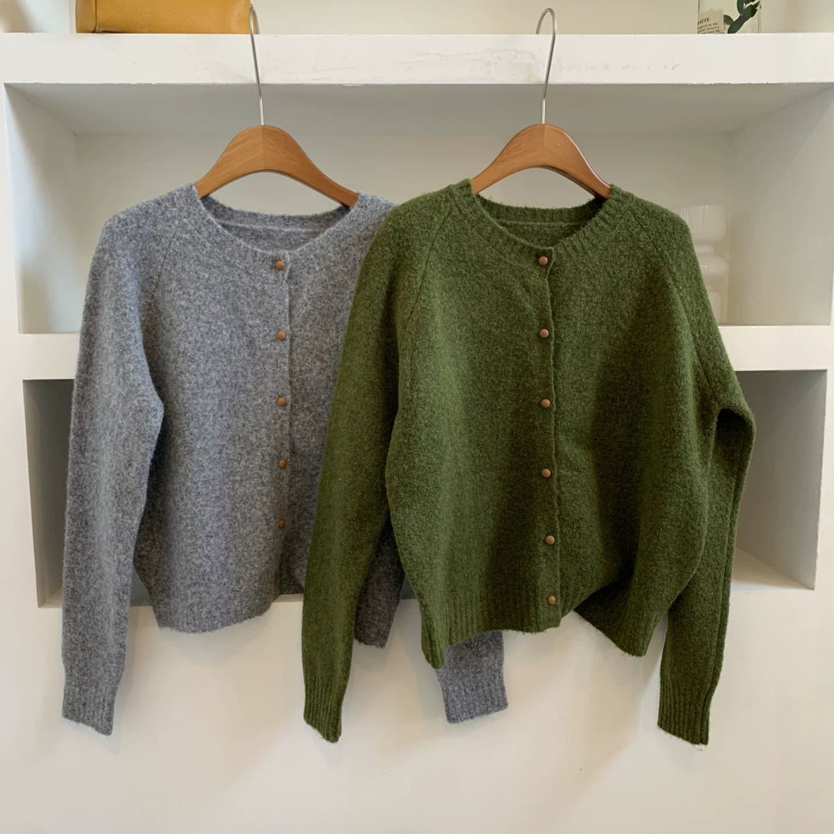 Relaxed Fit Wool Cardigan, Single-Breasted Round Neck Loose Knit Jacket