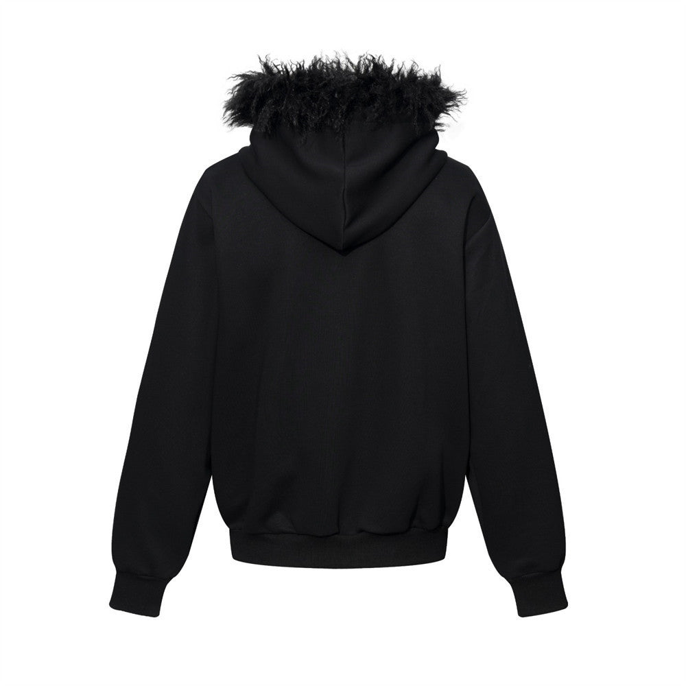 Men's Casual Long Sleeve Rivet Detail Open Front Hooded Fur Collar Loose Fit Sweatshirt Jacket